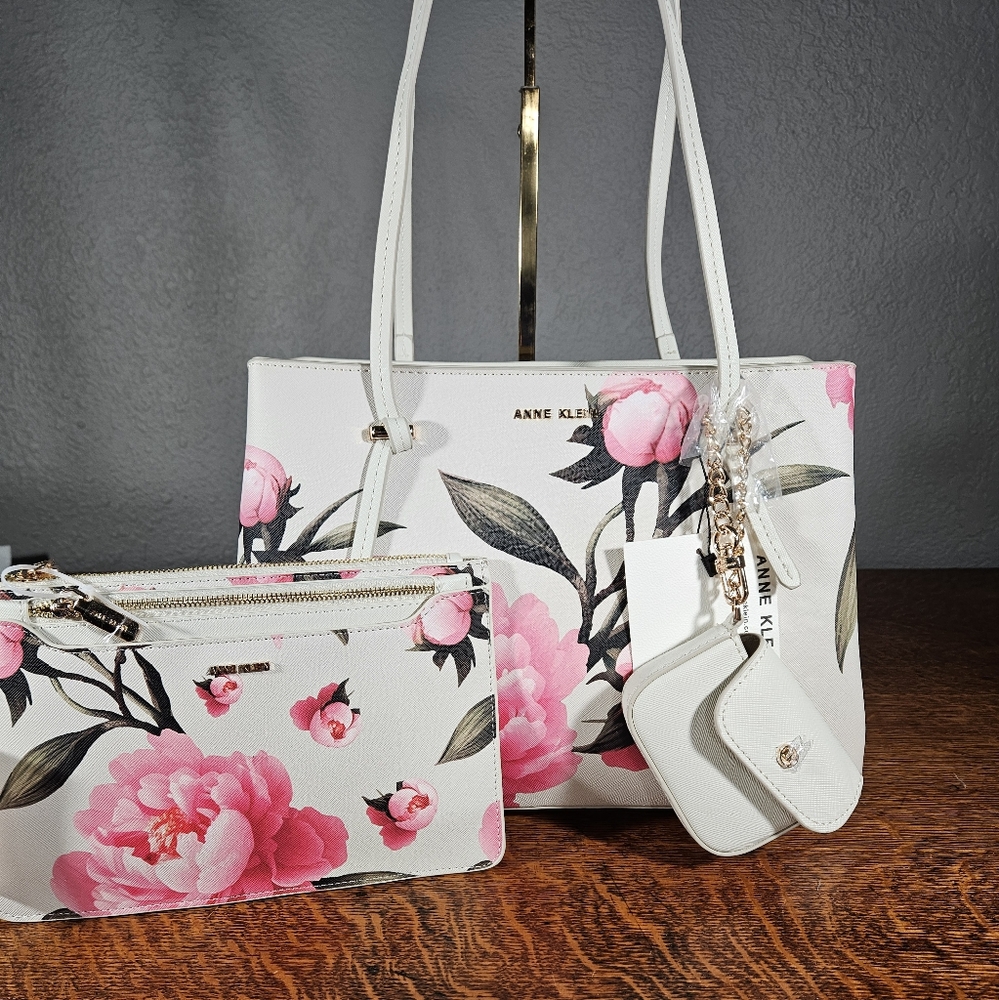 Anne Klein White Floral Shoulder Tote with Pink Peony Print